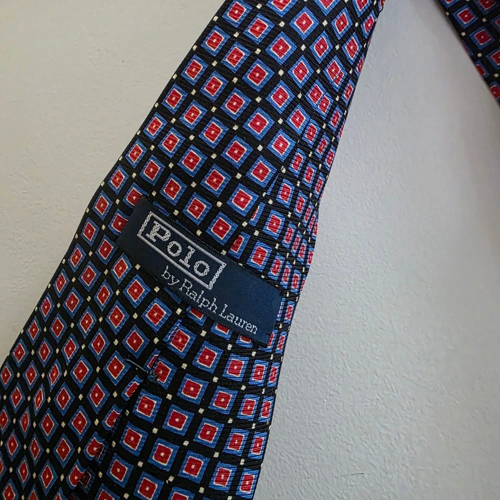 Polo Ralph Lauren Mens Silk Tie Red Blue Geometric Square Pattern‎ Necktie